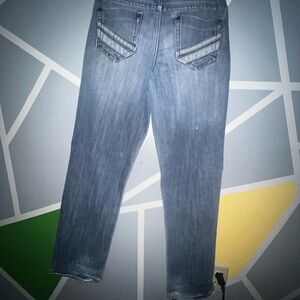 Blue slim straight leg jeans, Route 66 
Small adhesions and distressed Frey-ing